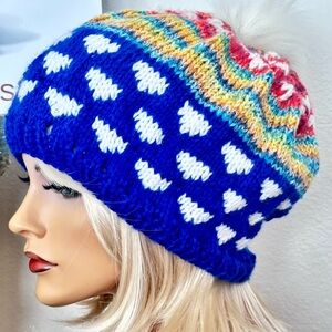 Have Knits  2 Love Beanie Slouch Hat Designer Multicolor Faux Fur Pom Pom Fun